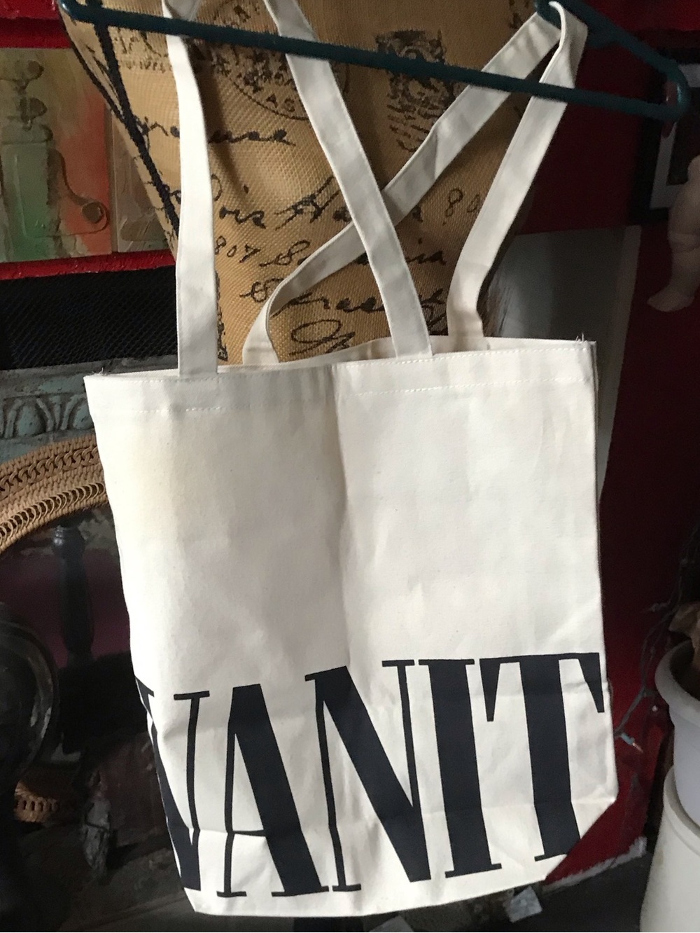 Vanity Fair White Canvas Tote with Black Lettering